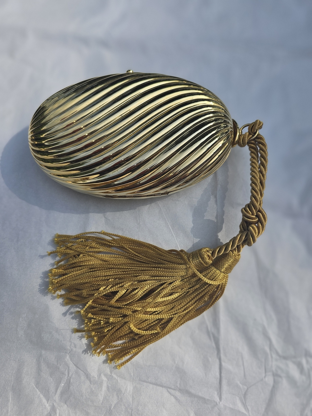 Vintage Italian Gold Tone Metal Minaudier Ribbed Oval Evening Clutch with Tassel